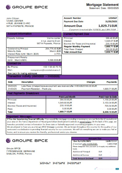 Download France Groupe BPCE bank mortgage statement scr Photoshop template